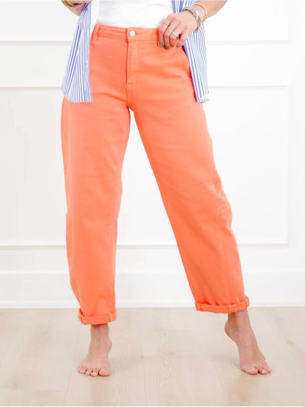 High-Rise Cuffed, Relaxed, Barrel Jeans in Coral Orange